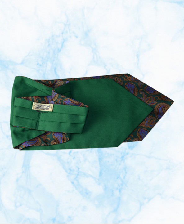 Silk Cravat with Light Blue and Bronze Paisley Design on a Fresh Green background